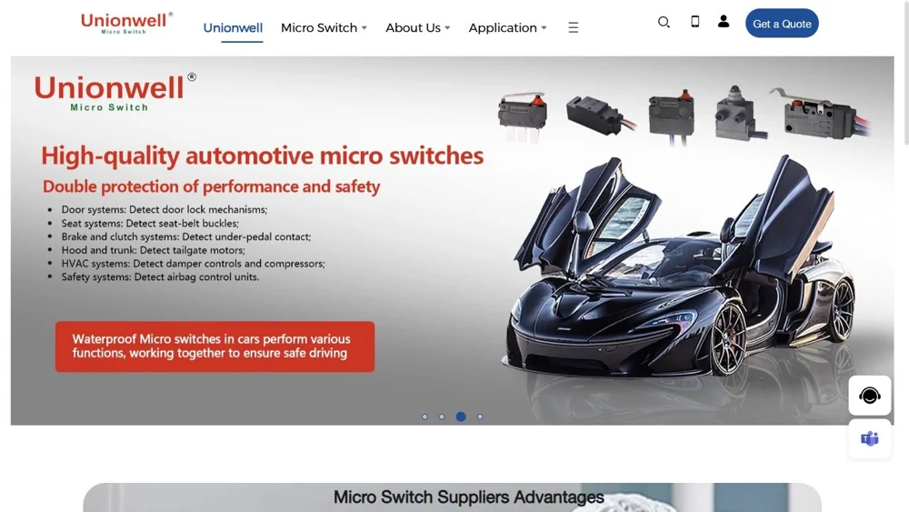 Unionwell website banner featuring a sports car and several automotive micro switches.