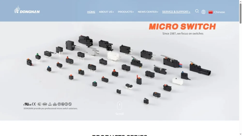 DONGNAN website displaying rows of micro switches with different sizes and actuators.