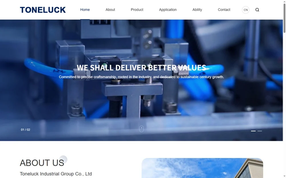 TONELUCK website banner showing a close-up of manufacturing equipment.