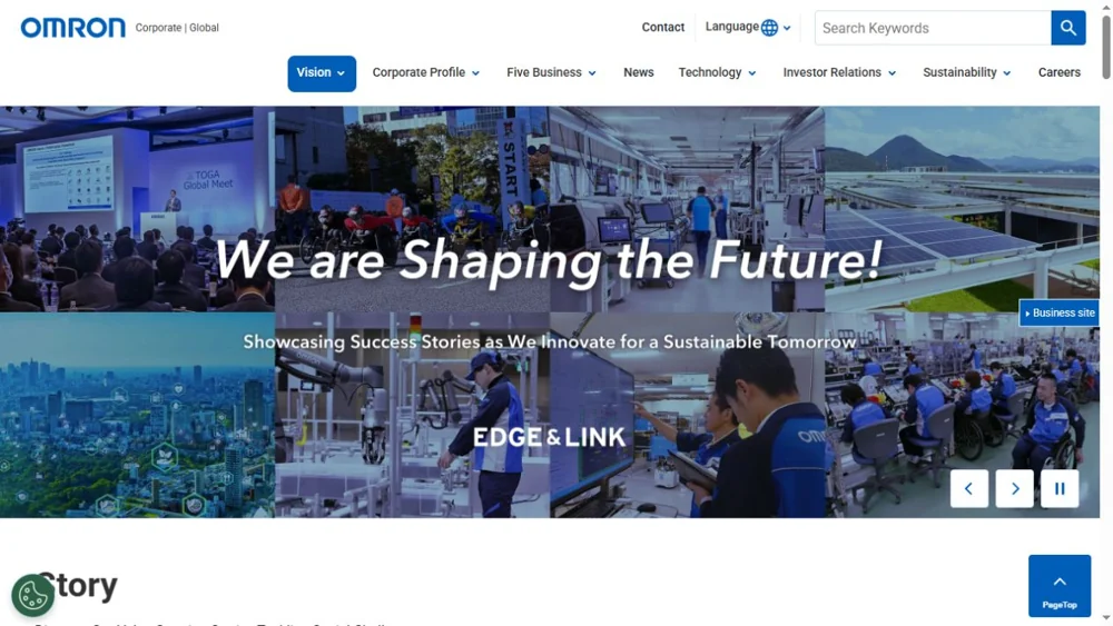 OMRON website banner with a collage of buildings, people and technology activities.