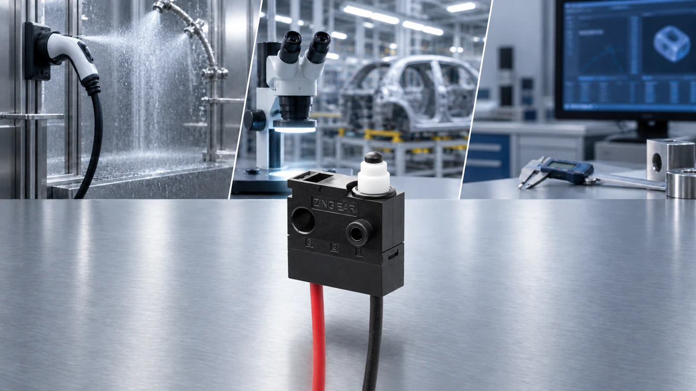 ZINGEAR micro switch with EV charging water-spray testing, automotive inspection and prototype measurement scenes.