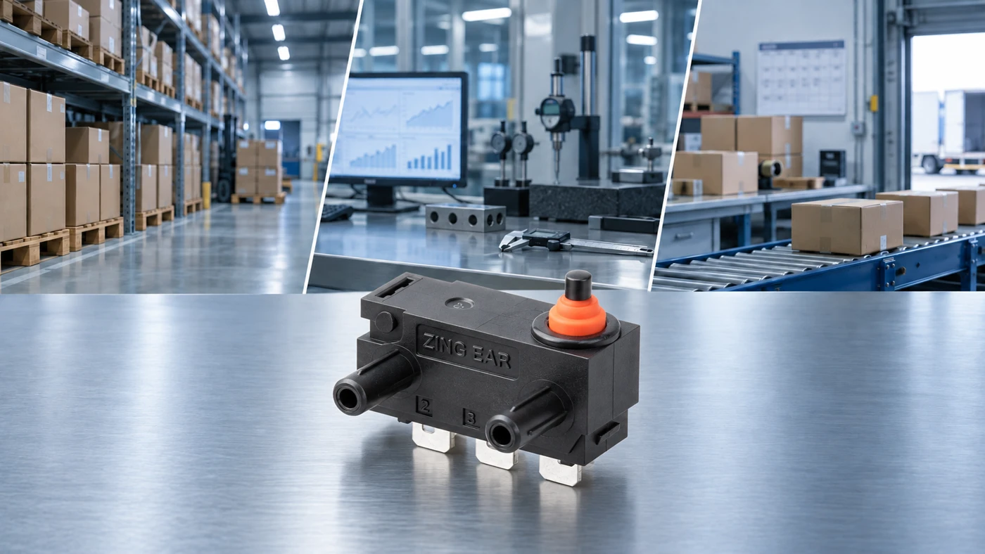 ZINGEAR micro switch with warehouse inventory, dimensional inspection and shipping scenes.