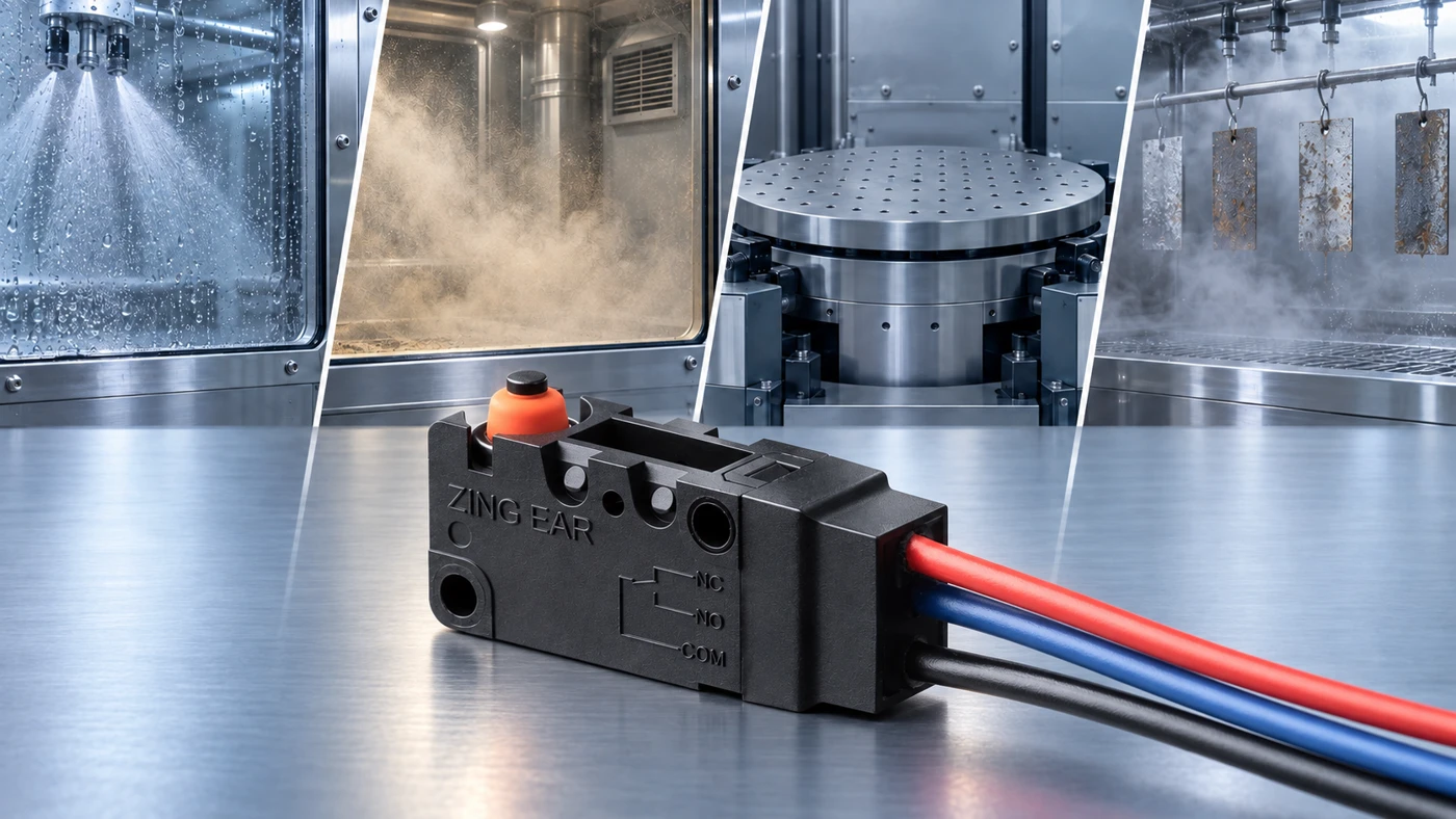 ZINGEAR wired micro switch in front of moisture, dust, vibration and corrosion testing scenes.
