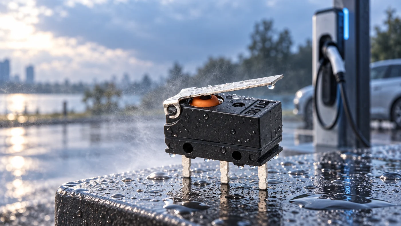 Sealed micro switch exposed to rain beside an electric vehicle charging station