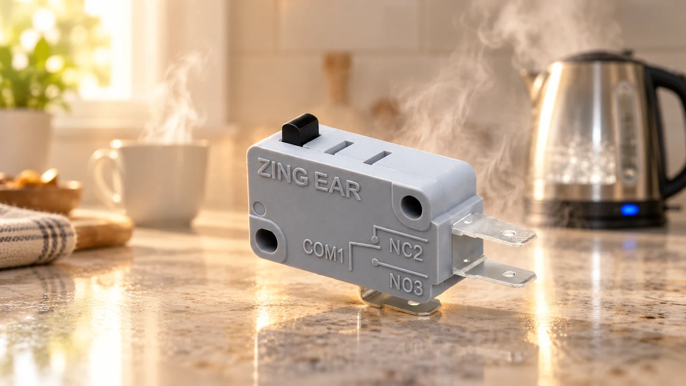 Micro switch near a steaming electric kettle in a kitchen appliance environment