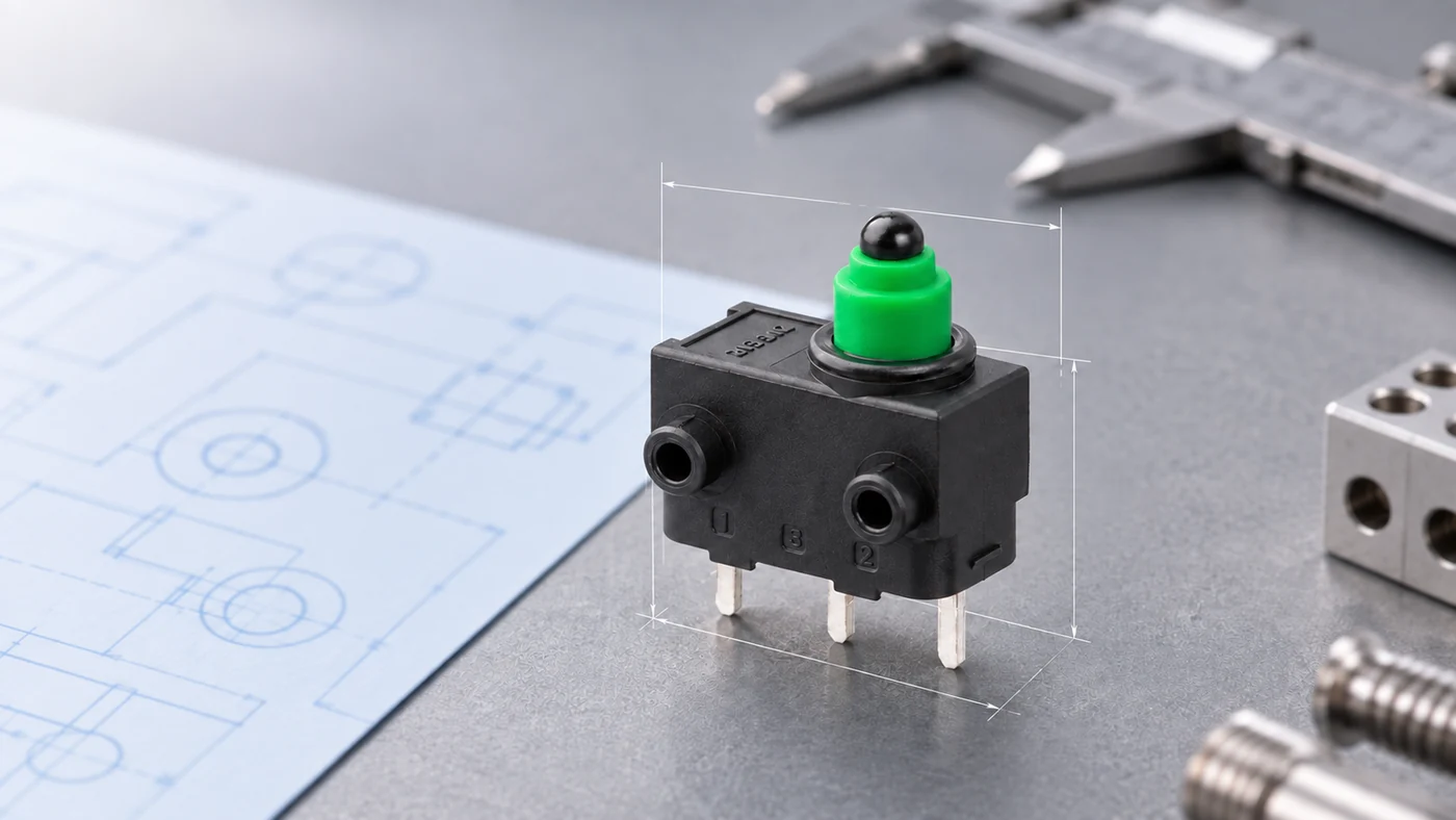 Configurable micro switch on an engineering workbench with dimensional drawings