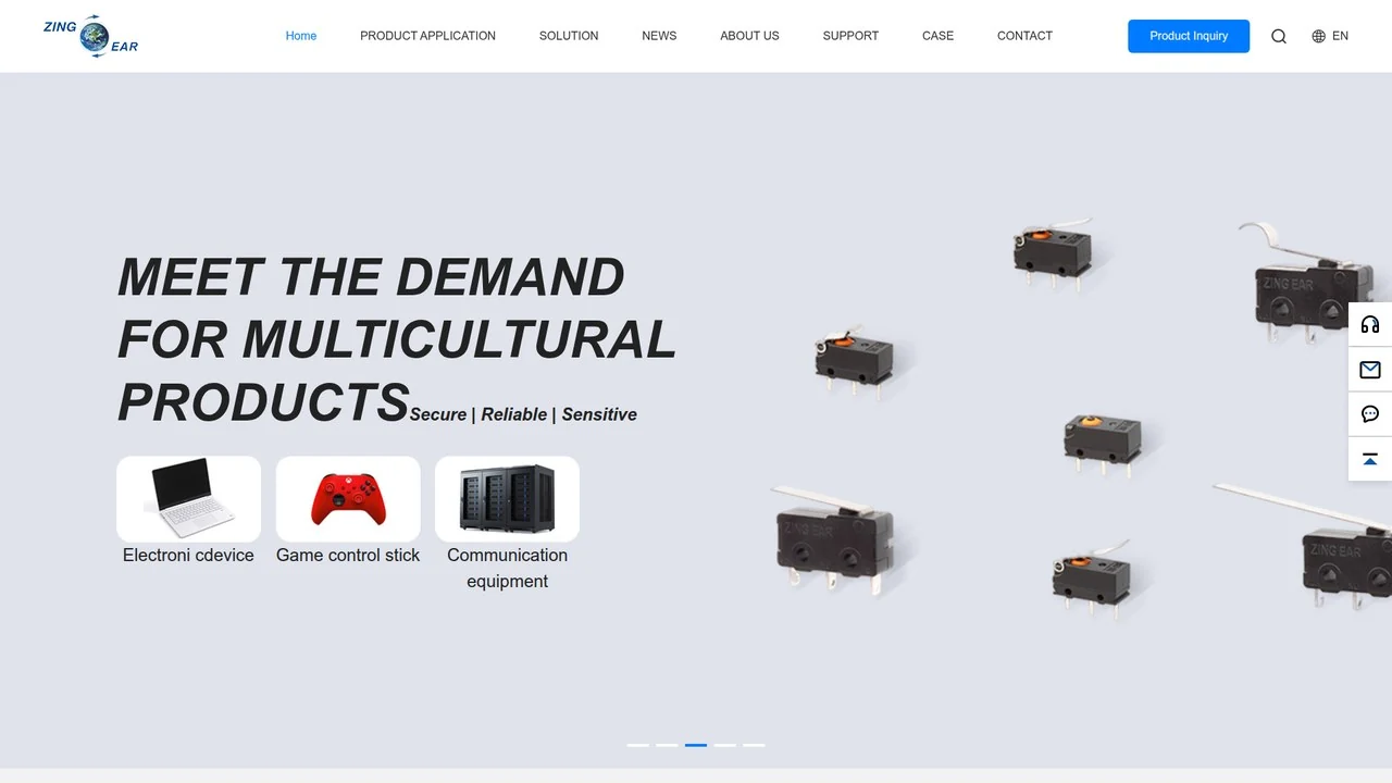 ZINGEAR homepage with micro switches and application categories