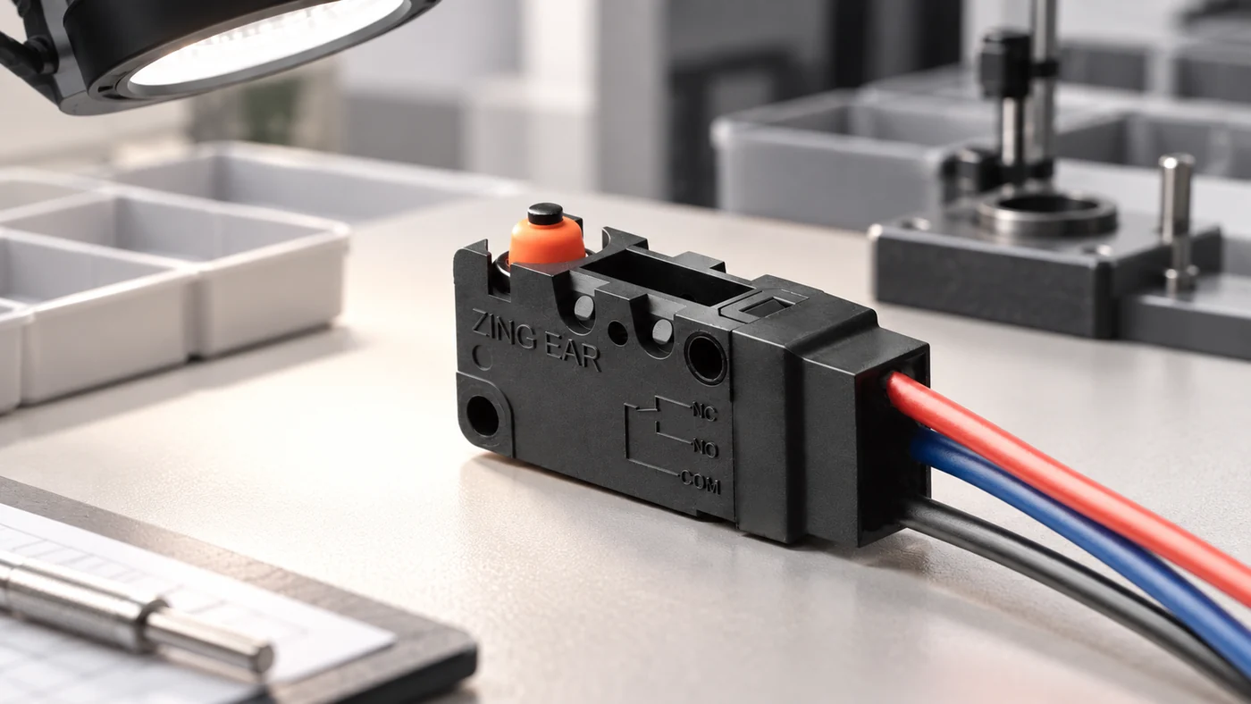 Micro switch undergoing inspection in a production sourcing quality-control setting