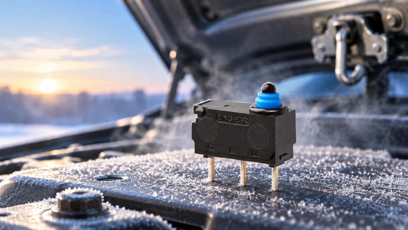 Sealed micro switch used for vehicle hood position sensing in winter conditions