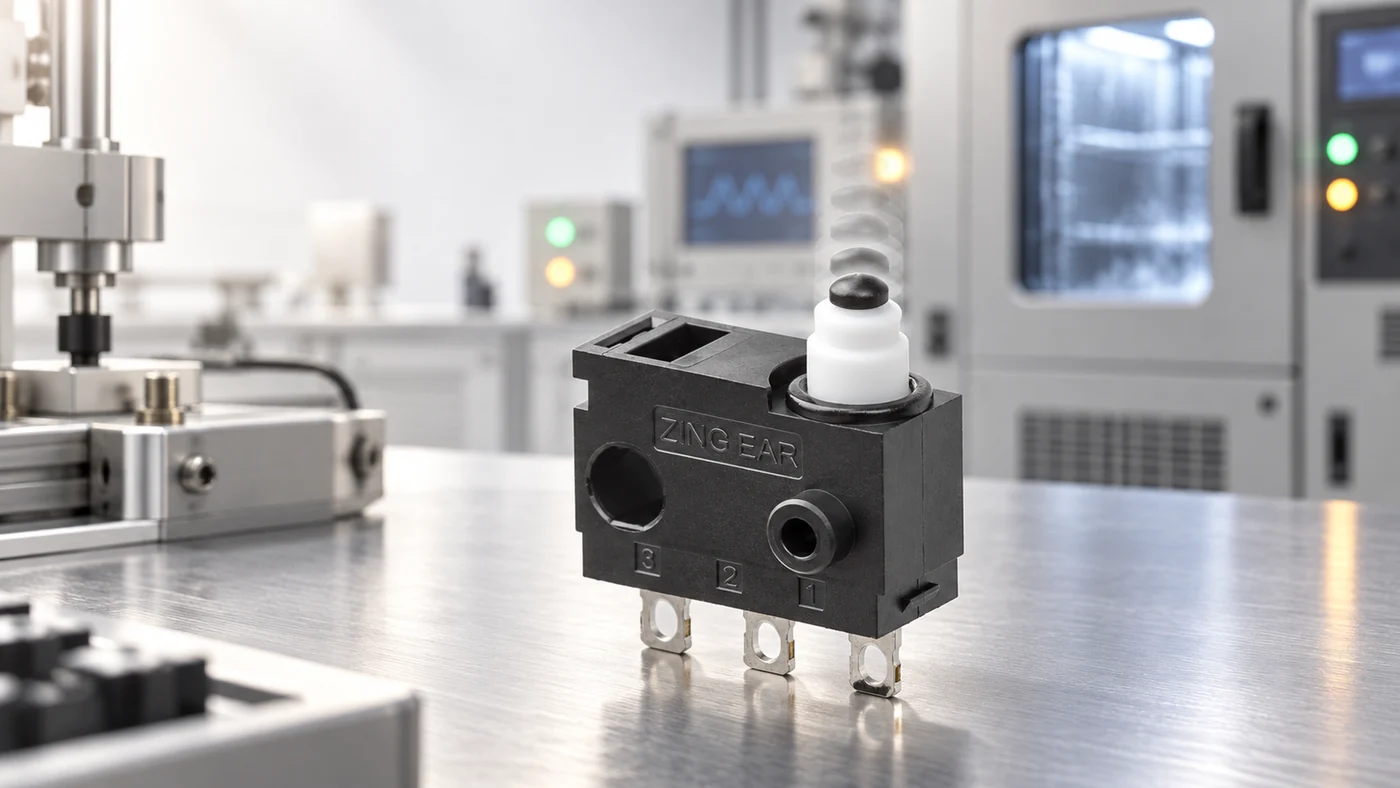 Automotive micro switch undergoing reliability testing in a production laboratory
