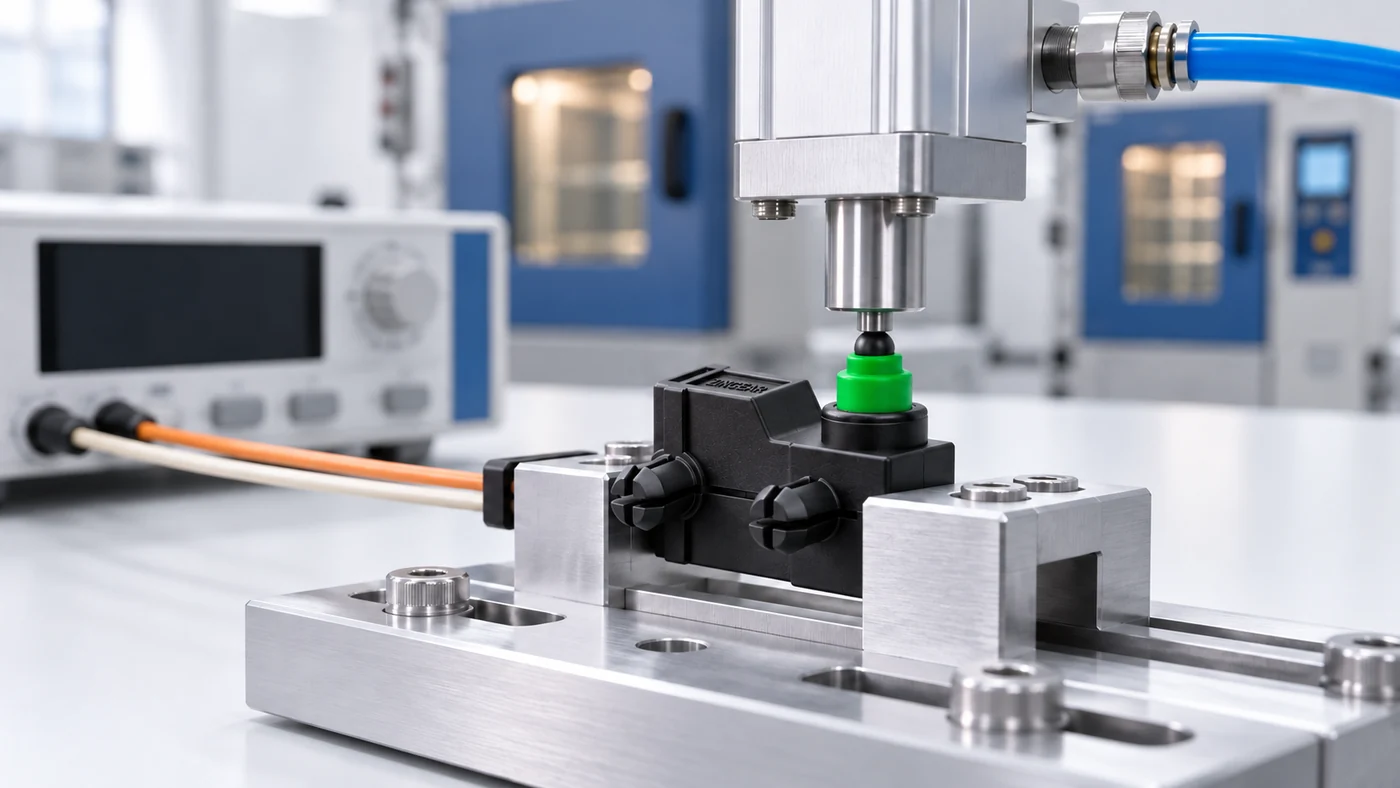 Sealed micro switch undergoing mechanical verification in a laboratory