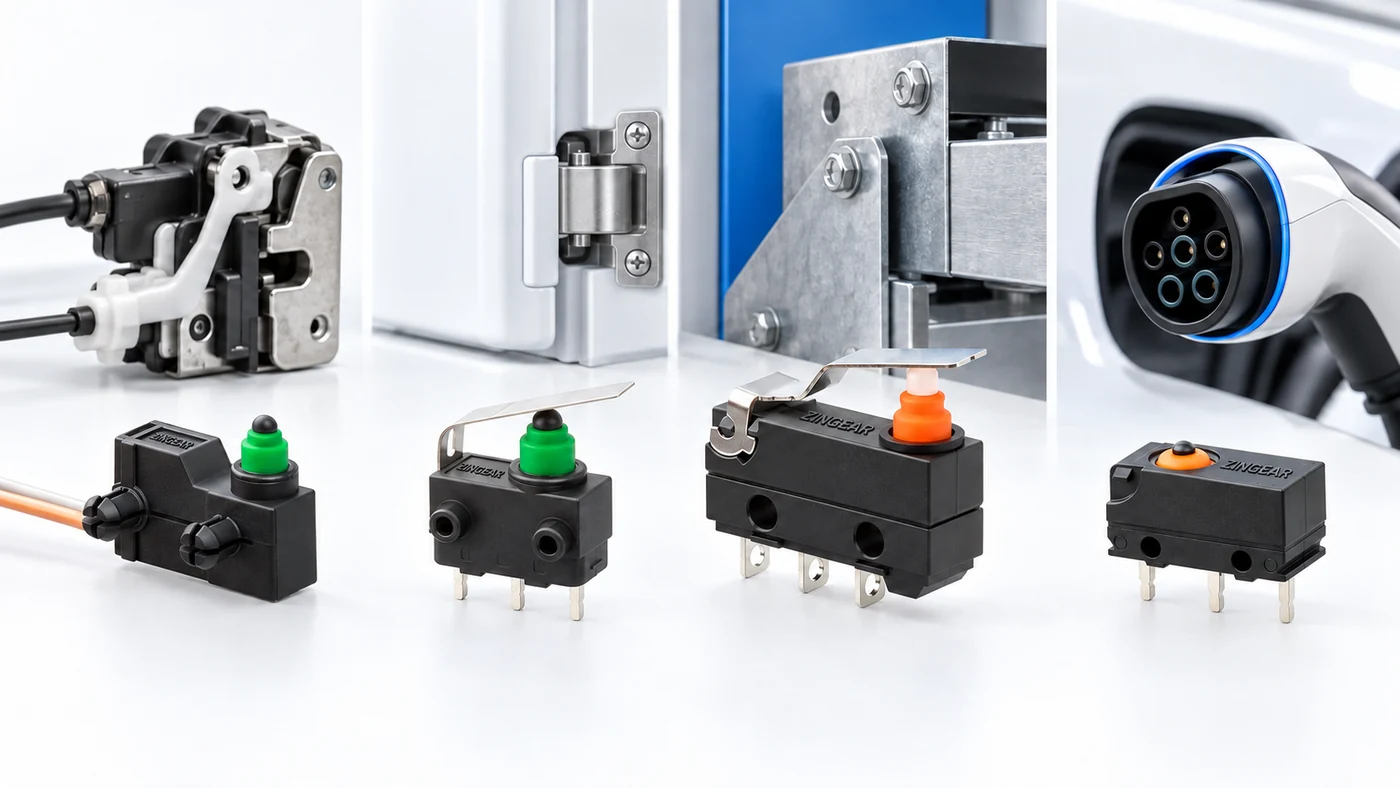 Micro switches shown with automotive, appliance, industrial and new-energy applications