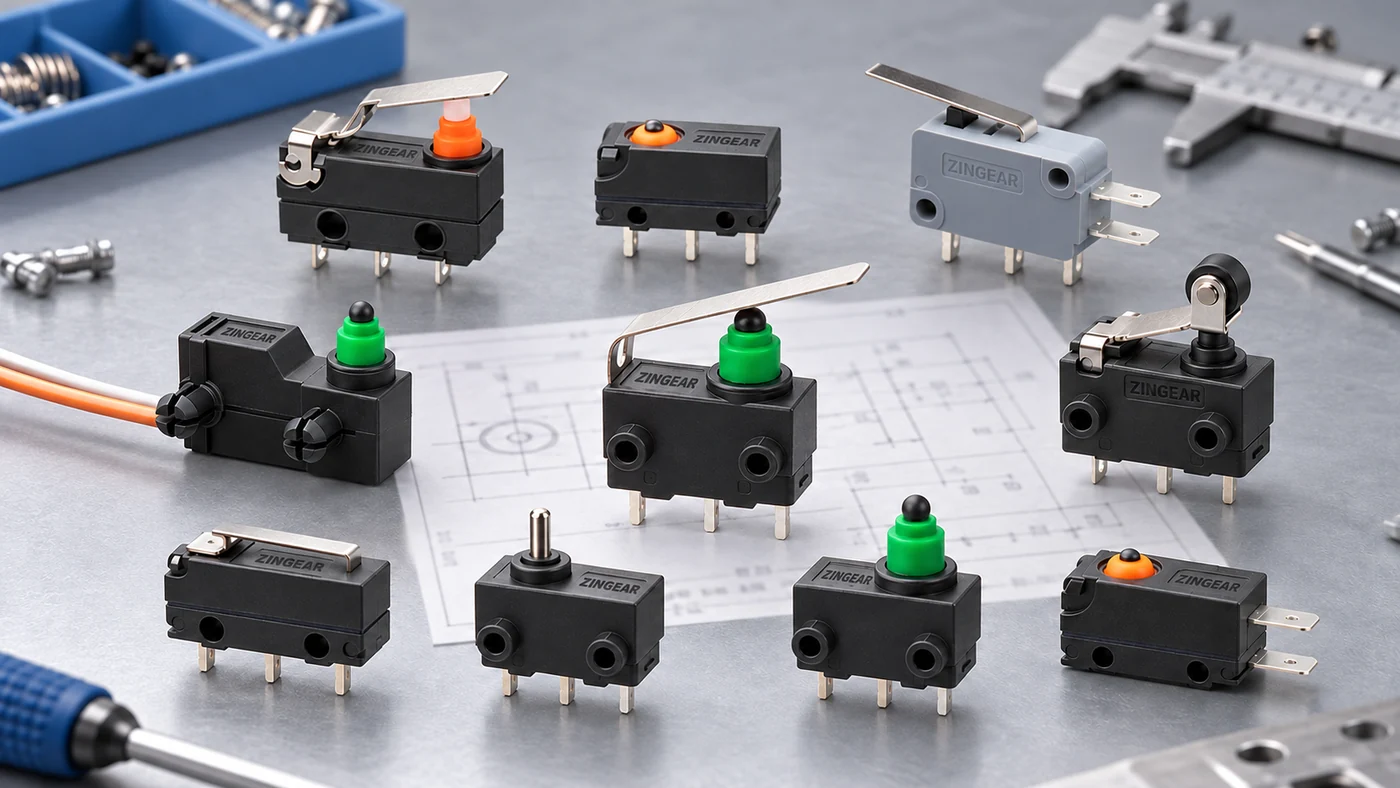 Standard micro switch models with configurable actuator options on a workbench