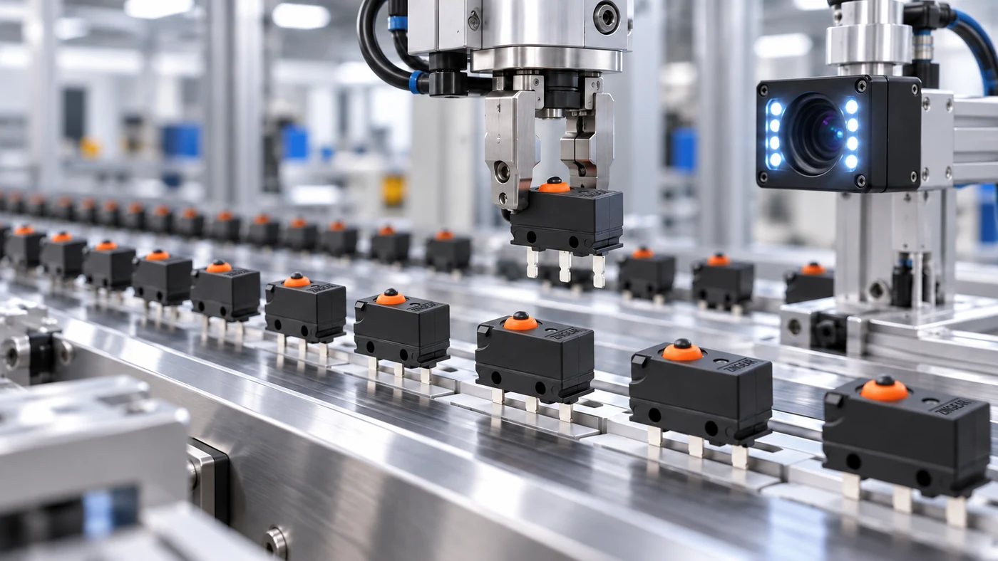 Micro switches moving through an automated production and inspection line