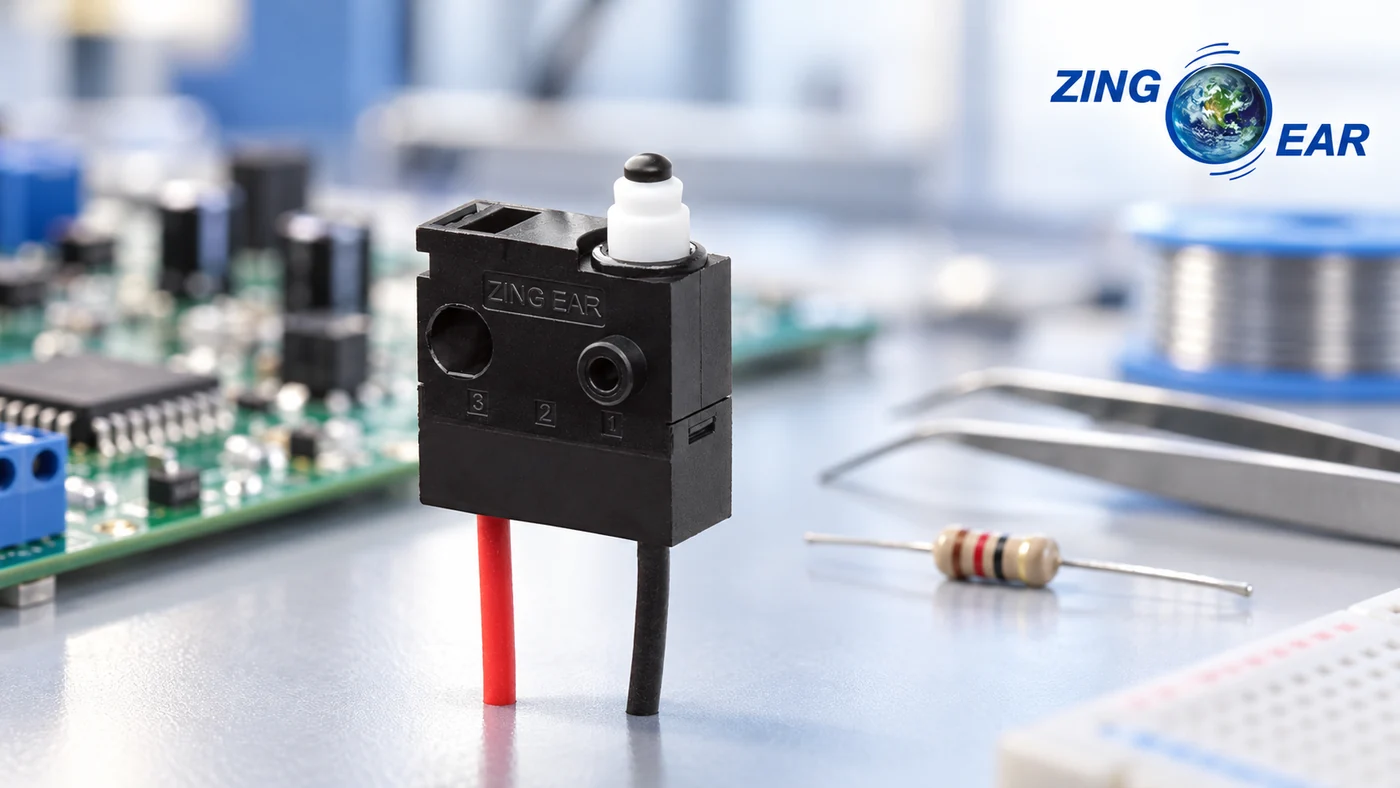 ZINGEAR built-in resistor micro switch in an electronics workbench scene