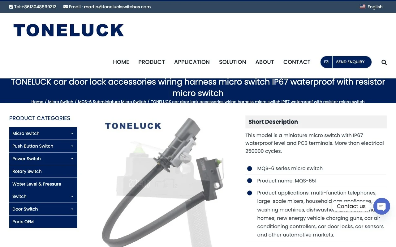 TONELUCK product page for an IP67 car door lock micro switch with resistor