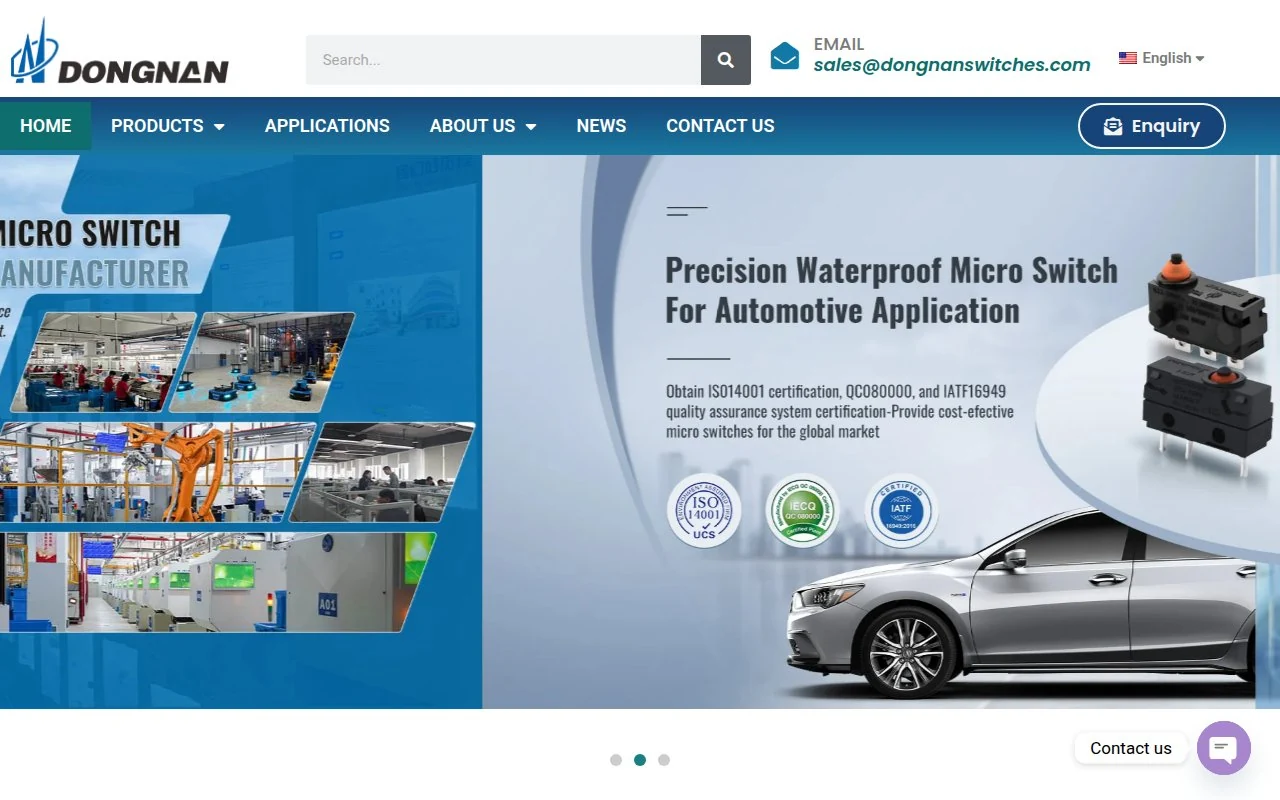 DONGNAN homepage showing waterproof automotive micro switches
