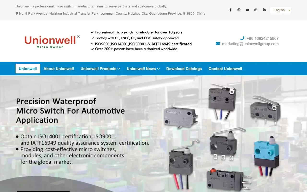 Unionwell homepage showing automotive micro switches