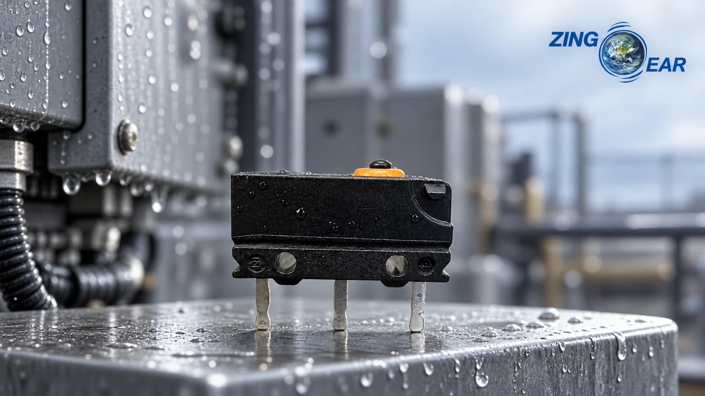 ZINGEAR IP67 micro switch in a waterproof testing scene