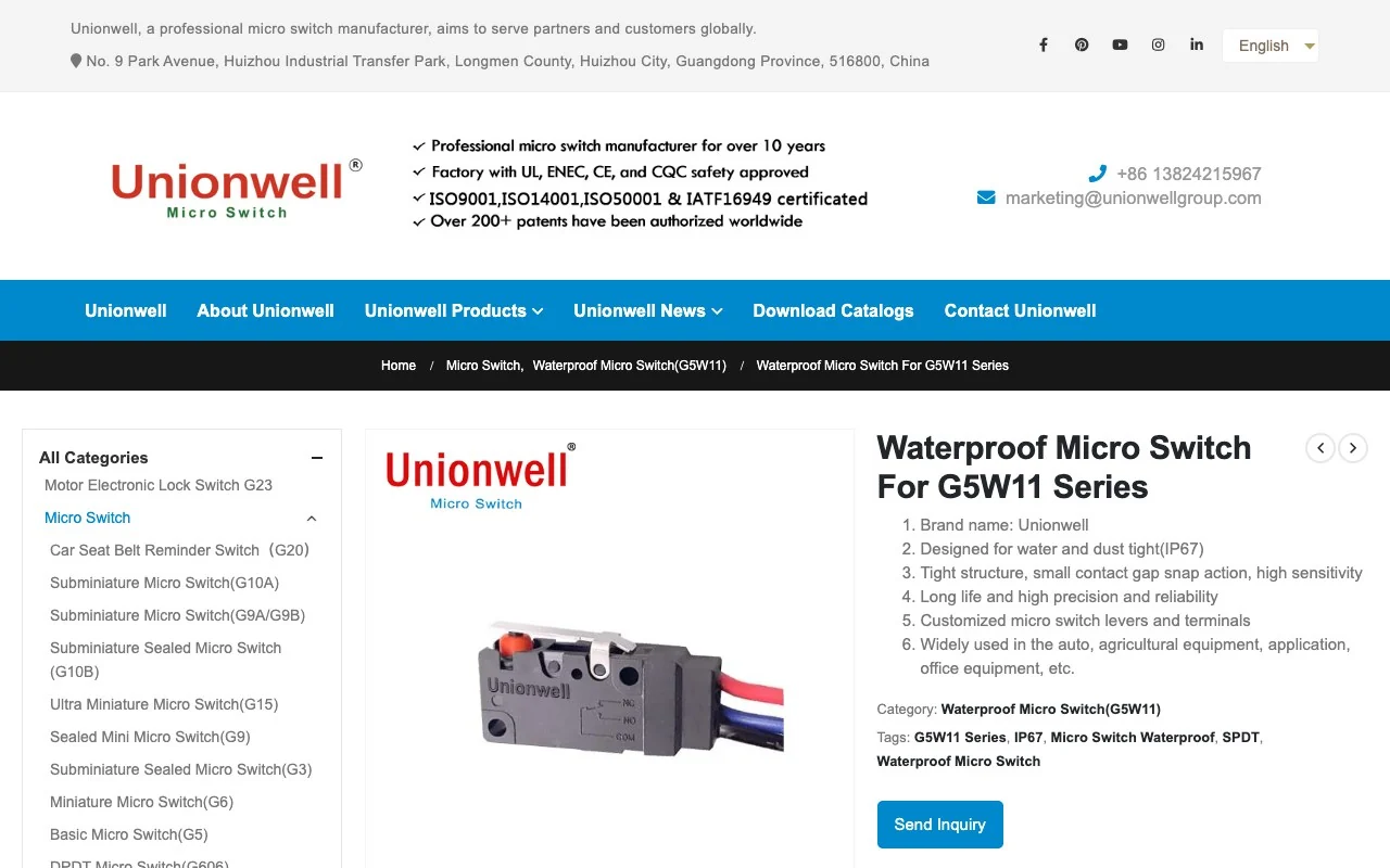 Unionwell G5W11 series waterproof micro switch page