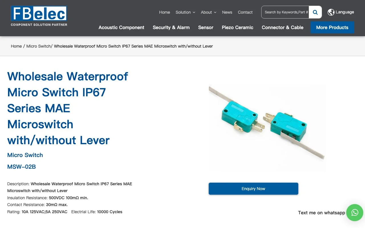 FBelec product page for the MAE series IP67 waterproof micro switch