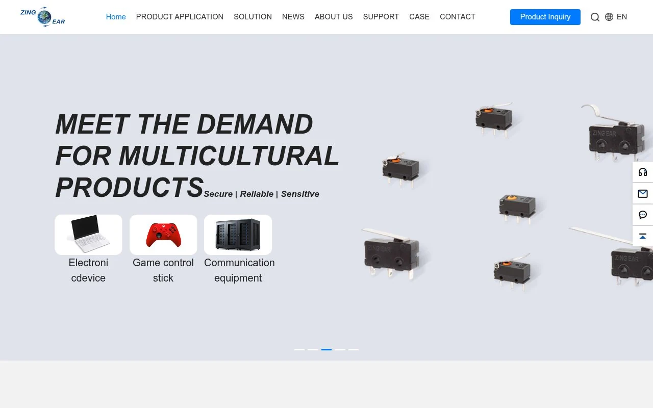 ZINGEAR homepage with micro switches and application categories
