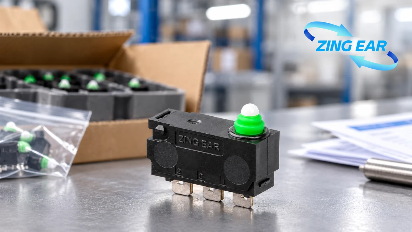 ZINGEAR automotive micro switch in a wholesale packing and lot traceability scene