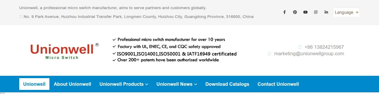 Unionwell website, with the safety approvals and certifications listed in the header