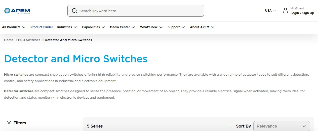 APEM official snap-action switch page