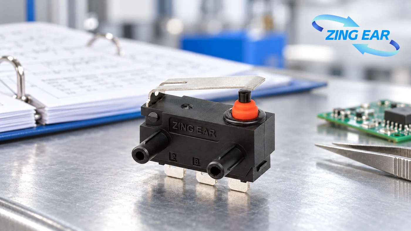 ZINGEAR micro momentary switch in a datasheet review scene
