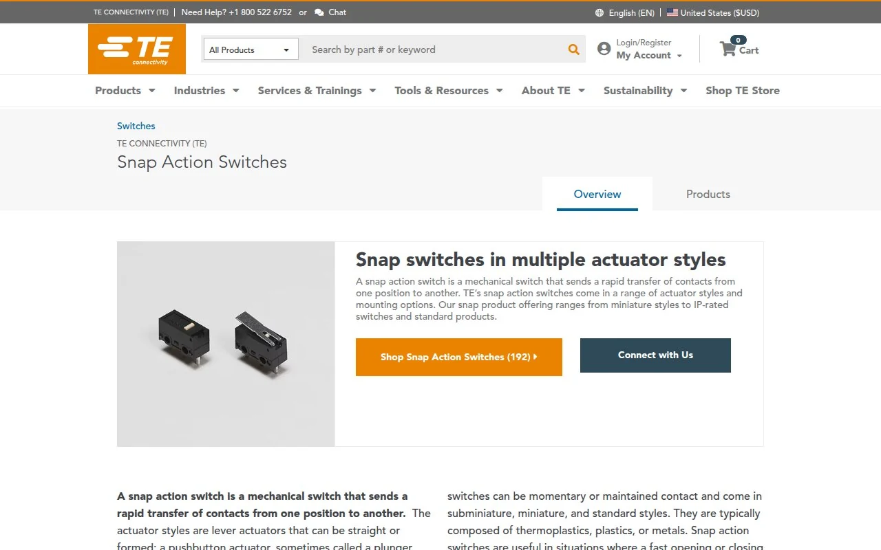 TE Connectivity official snap-action switch page