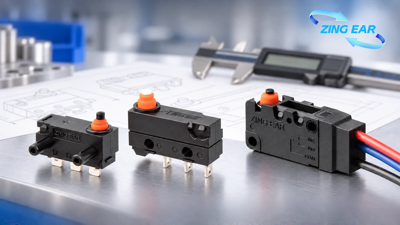 ZINGEAR micro switches arranged for a size and type comparison