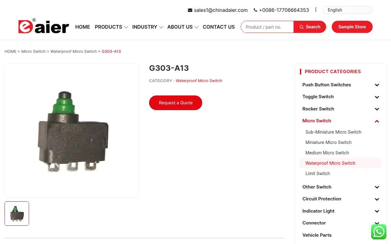 Daier's G303-A13 product page in its waterproof micro switch category