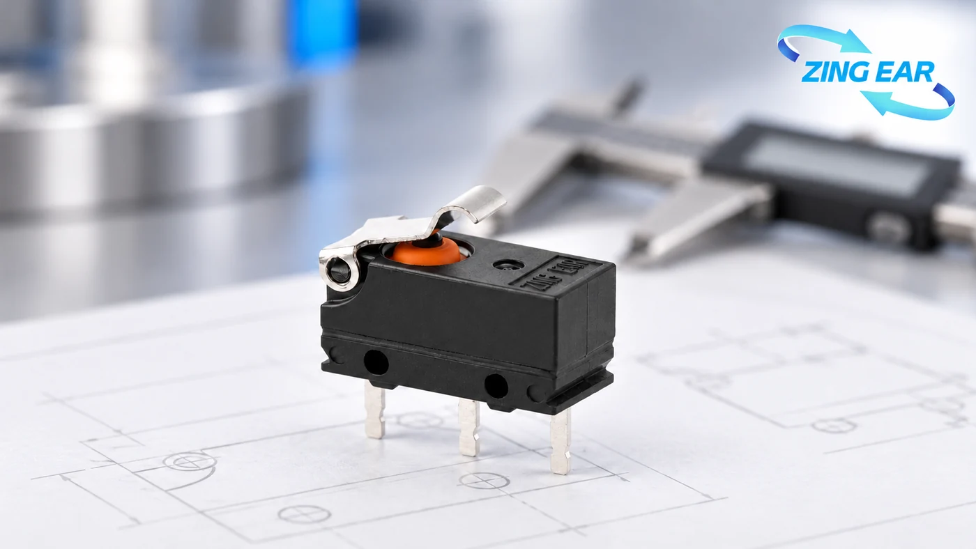 ZINGEAR waterproof micro switch beside an engineering drawing comparison