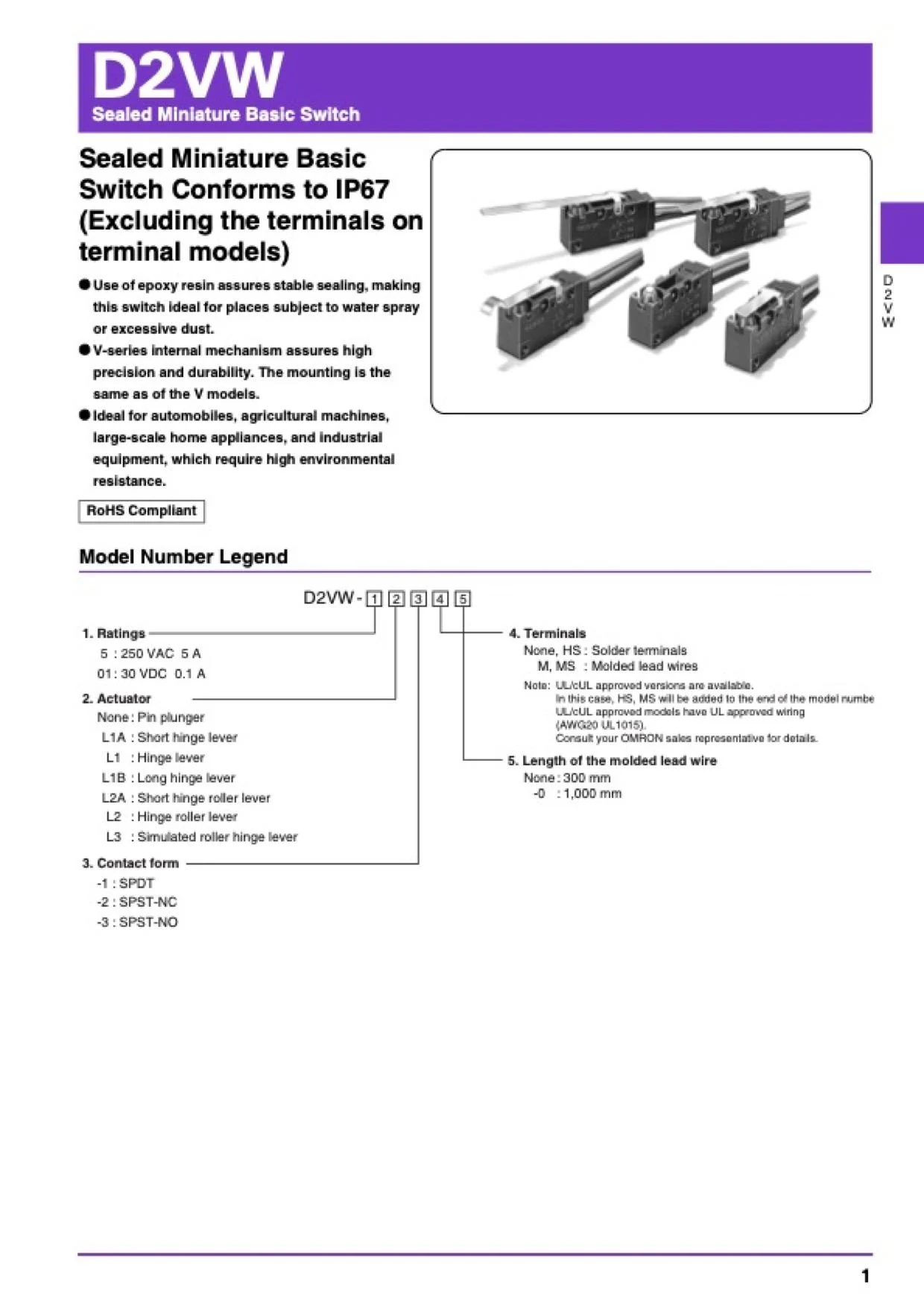 Omron D2VW datasheet, first page
