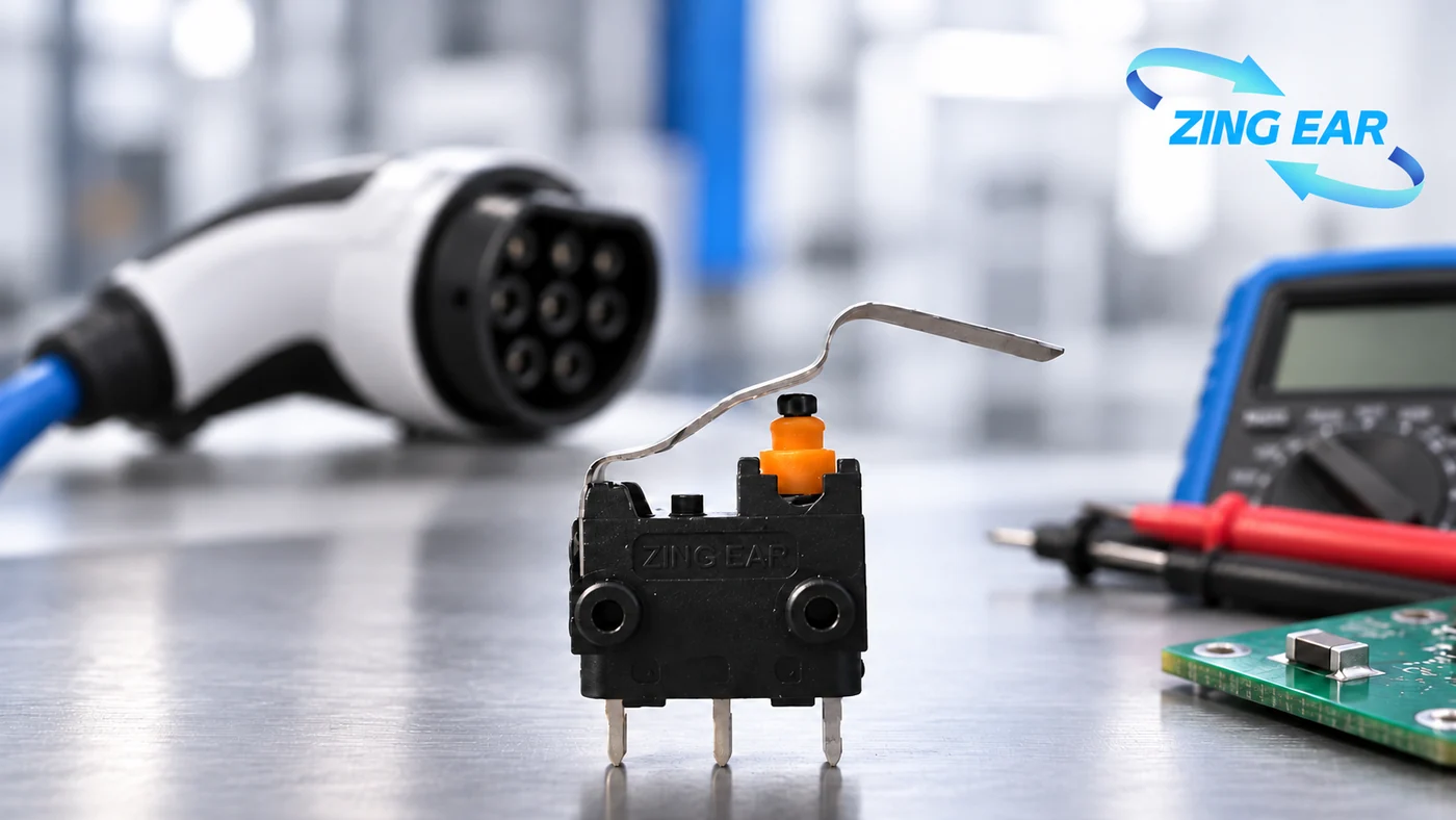 ZINGEAR IP67 built-in resistor micro switch in an EV charging application scene