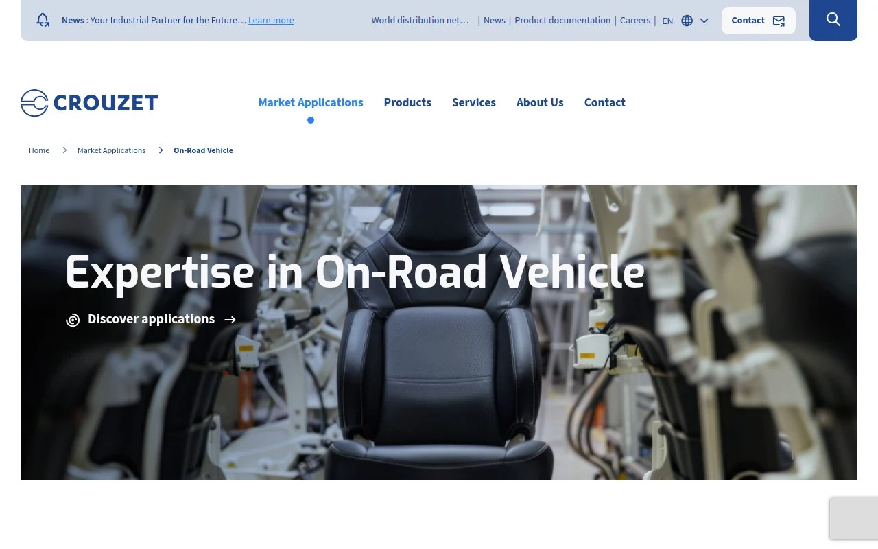 Crouzet's on-road vehicle applications page, where its microswitches are listed by vehicle position