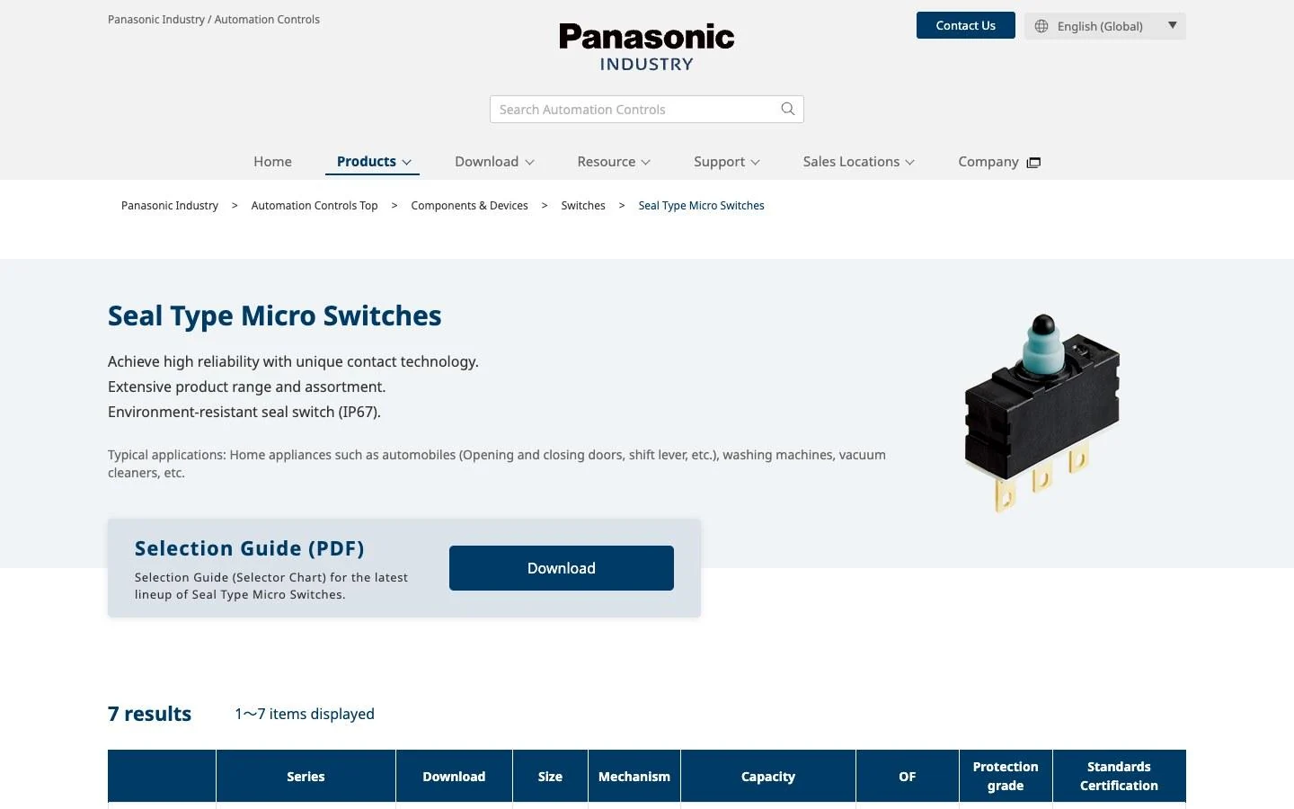 Panasonic Industry's seal type micro switch page